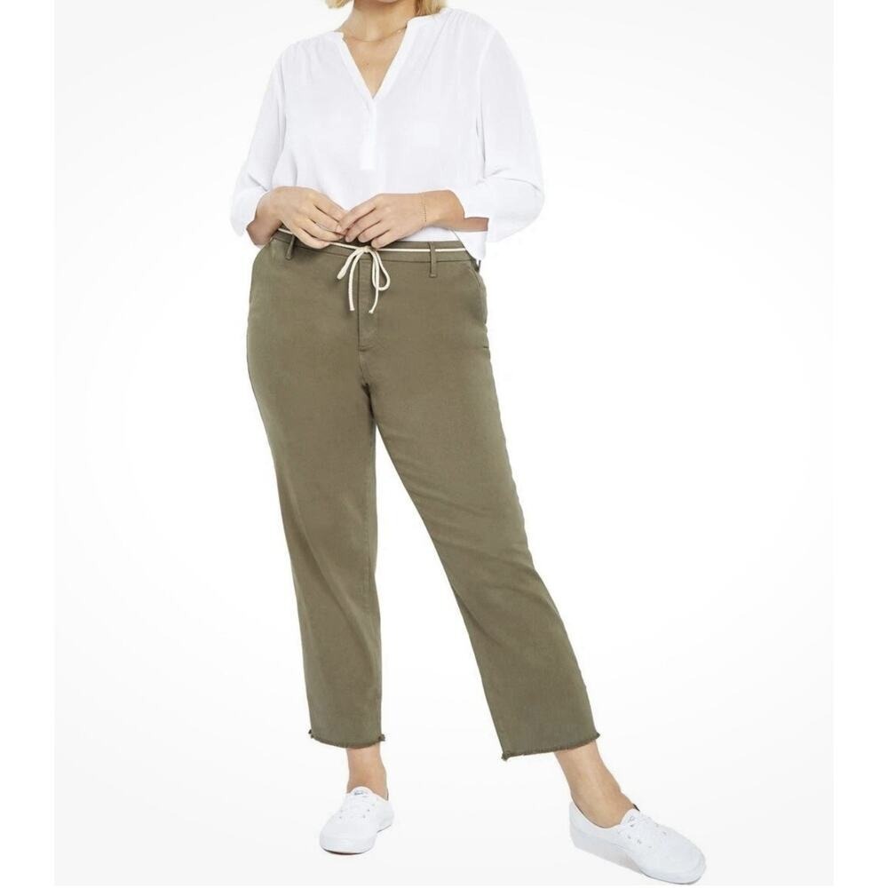 NYDJ Plus 28W Relaxed Trouser Pants Belt‎ Stretch Twill Frayed Hems Moss Green